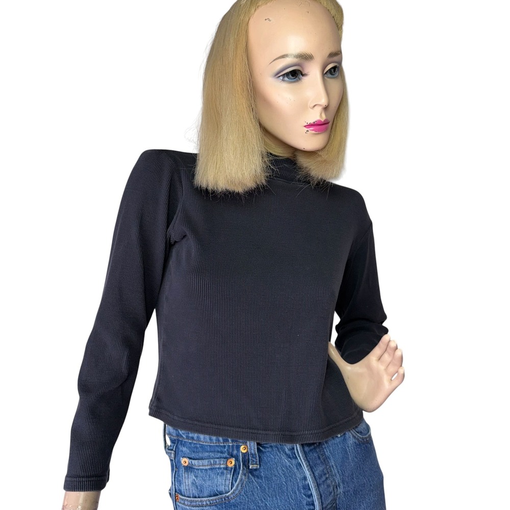 Bossini Mock Neck Top Ribbed Long Sleeve Black Minimalist Basics Cotton Lrg L